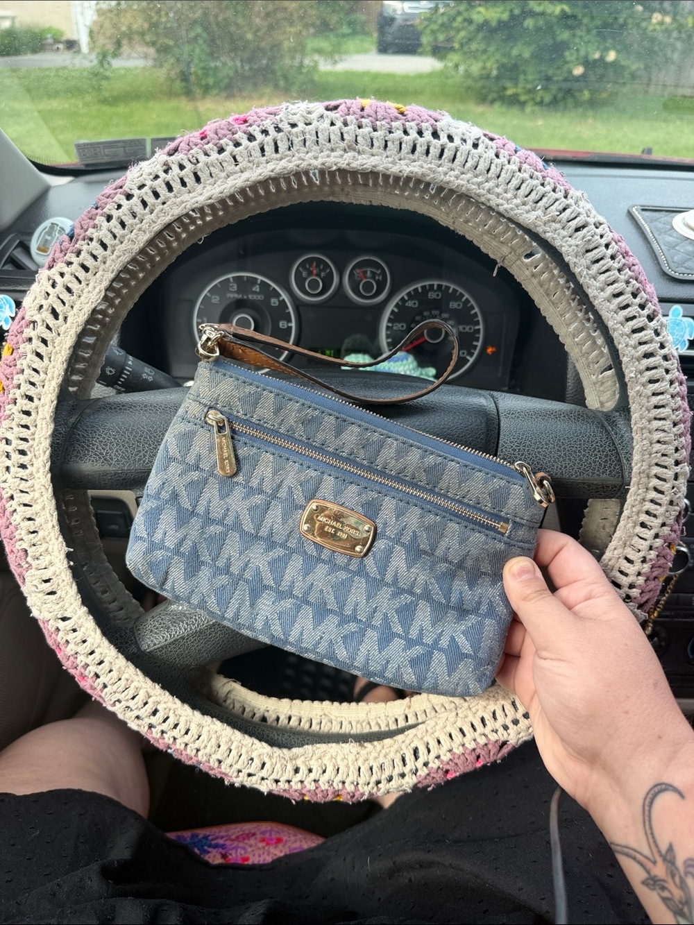 Michael Kors Denim MK Monogram Wristlet Clutch with Tan Strap - Picture 6 of 6